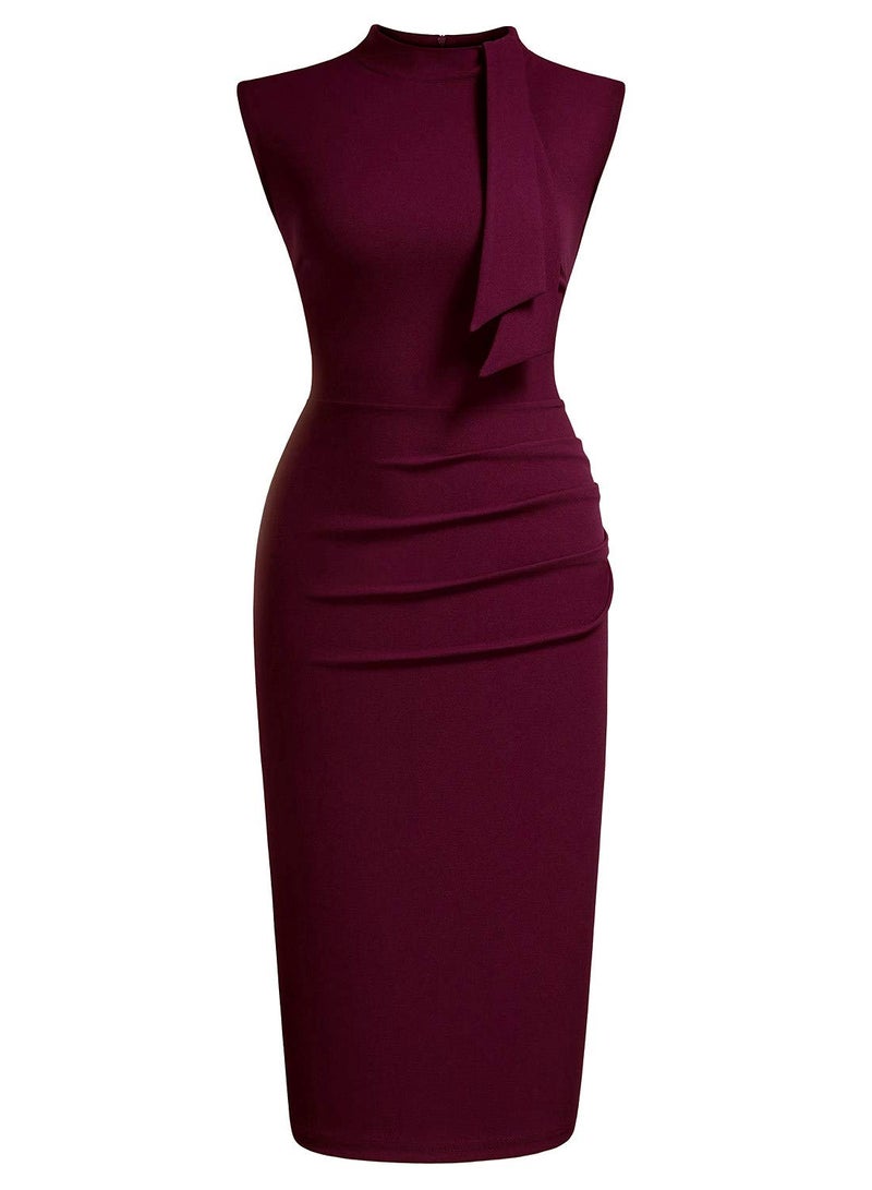 Miusol Women's Retro 1950s Style Half Collar Ruffle Cocktail Pencil Dress (Small, Burgundy) - Image 3